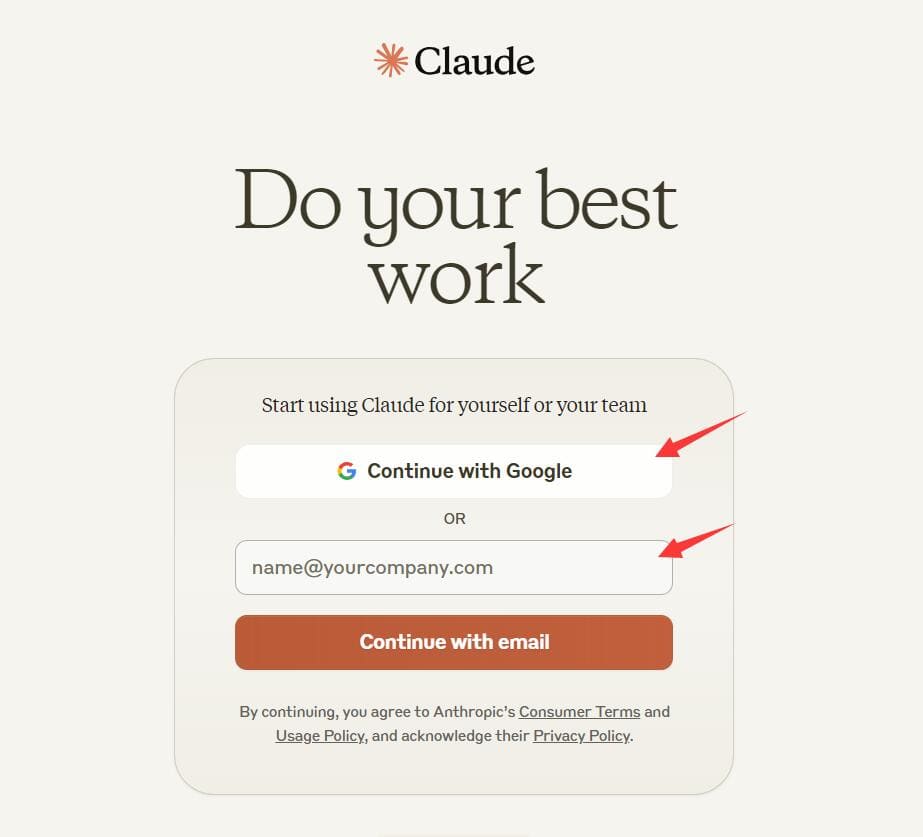 注册Claude账号第一步：打开Claude官网，输入你的Gmail邮箱，然后点击“Continue with email”。