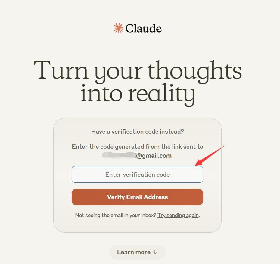 注册Claude账号第二步：输入邮箱验证码，然后点击“Verify Email Address”。