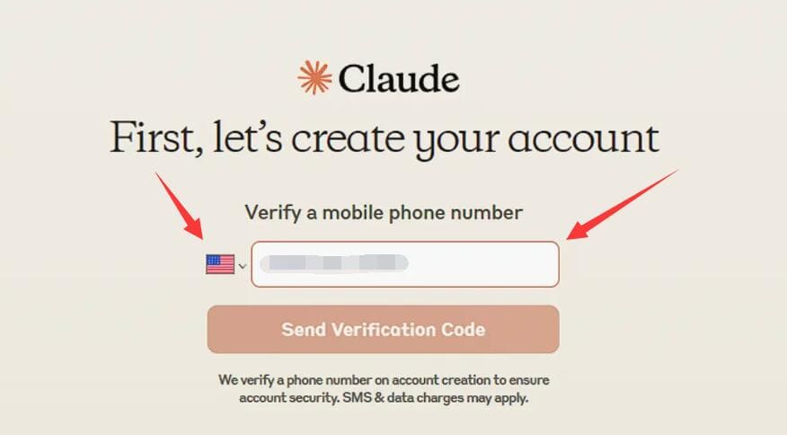 注册Claude账号第三步：输入国外手机号码，然后点击“Send Verification Code”。