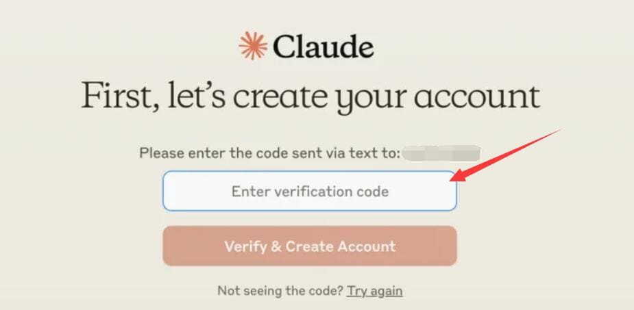 注册Claude账号第四步：获取手机验证码，然后点击“Verify & Create Account”。